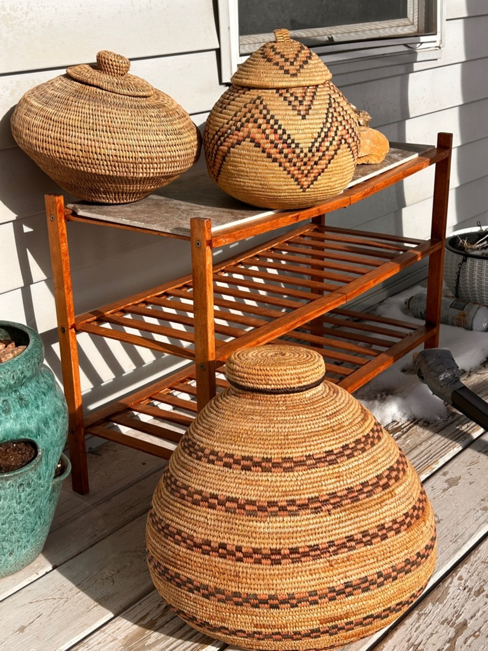Authentic Hand Woven Native American Grain Storage Baskets with Lids. Set of 3
